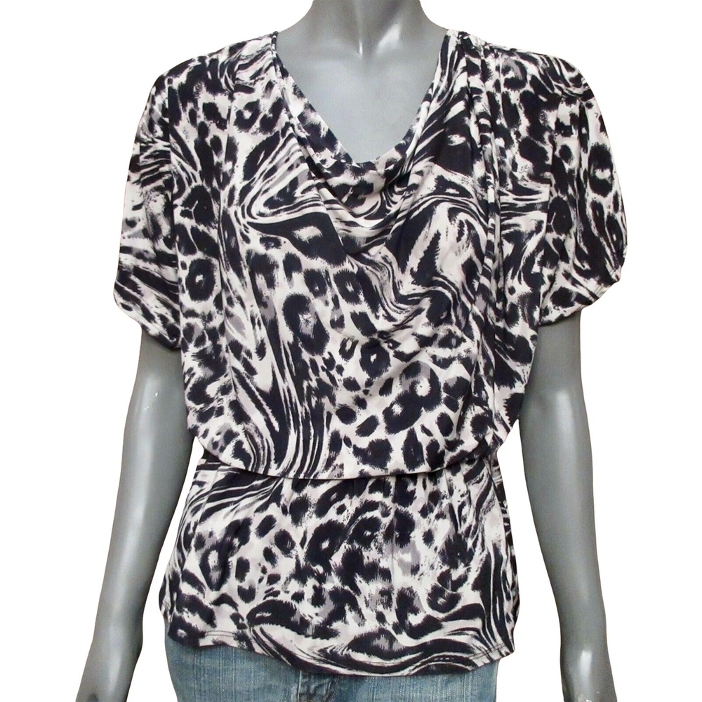Jillian Nicole Womens Top Gray White Leopard Print Short Sleeve Cowl Neck S